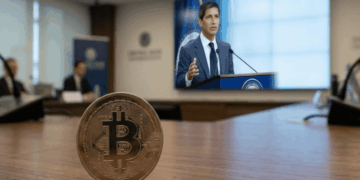 Primer plano: moneda de bitcoin. Fondo: Kevin Warsh dando un discurso.