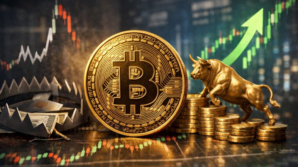 Bitcoin frente a una posible trampa alcista o una subida consolidada, con gráficos de mercado, una trampa financiera y un toro simbolizando el impulso alcista de las criptomonedas.