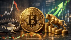 Bitcoin frente a una posible trampa alcista o una subida consolidada, con gráficos de mercado, una trampa financiera y un toro simbolizando el impulso alcista de las criptomonedas.