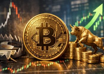 Bitcoin frente a una posible trampa alcista o una subida consolidada, con gráficos de mercado, una trampa financiera y un toro simbolizando el impulso alcista de las criptomonedas.