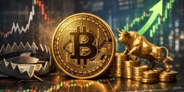 Bitcoin frente a una posible trampa alcista o una subida consolidada, con gráficos de mercado, una trampa financiera y un toro simbolizando el impulso alcista de las criptomonedas.