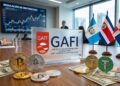 Criptomonedas junto al logo del GAFI y las banderas de Guatemala, Costa Rica y República Dominicana