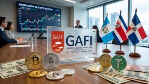 Criptomonedas junto al logo del GAFI y las banderas de Guatemala, Costa Rica y República Dominicana