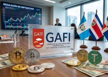 Criptomonedas junto al logo del GAFI y las banderas de Guatemala, Costa Rica y República Dominicana