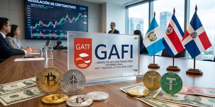 Criptomonedas junto al logo del GAFI y las banderas de Guatemala, Costa Rica y República Dominicana