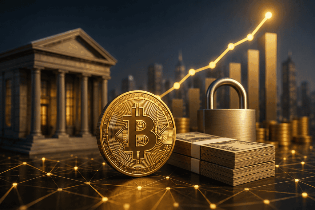 un bitcoin dorado frente a una entidad bancaria, con gráficos financieros ascendentes, dinero y un candado