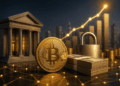 un bitcoin dorado frente a una entidad bancaria, con gráficos financieros ascendentes, dinero y un candado