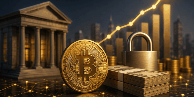 un bitcoin dorado frente a una entidad bancaria, con gráficos financieros ascendentes, dinero y un candado