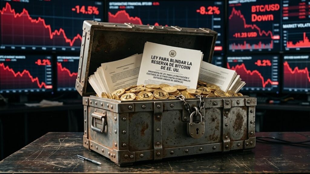 Cofre del tesoro blindado con bitcoins, papeles de leyes que dicen "ley para blindar la reserva de bitcoin de EE. UU”, y de fondo gráficas rojas en caída.