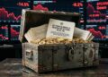 Cofre del tesoro blindado con bitcoins, papeles de leyes que dicen "ley para blindar la reserva de bitcoin de EE. UU”, y de fondo gráficas rojas en caída.