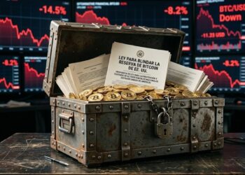 Cofre del tesoro blindado con bitcoins, papeles de leyes que dicen "ley para blindar la reserva de bitcoin de EE. UU”, y de fondo gráficas rojas en caída.