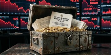 Cofre del tesoro blindado con bitcoins, papeles de leyes que dicen "ley para blindar la reserva de bitcoin de EE. UU”, y de fondo gráficas rojas en caída.