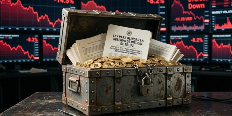 Cofre del tesoro blindado con bitcoins, papeles de leyes que dicen "ley para blindar la reserva de bitcoin de EE. UU”, y de fondo gráficas rojas en caída.