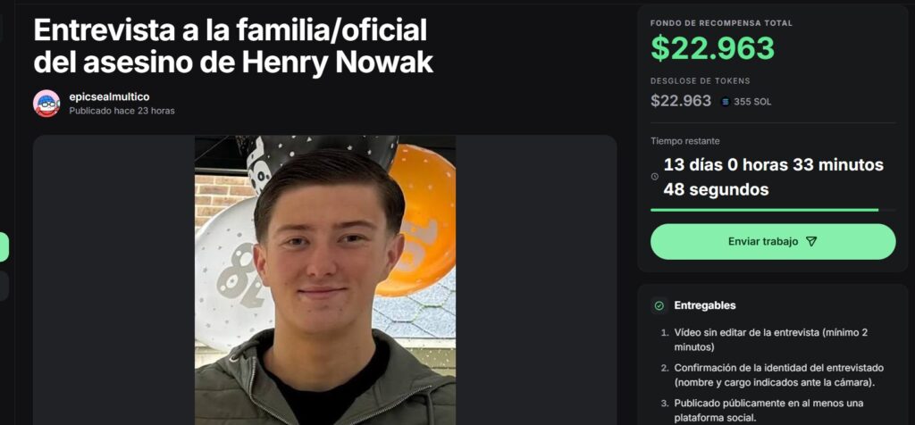 Assignment posted on Pump.go about the death of Henry Nowak, an 18-year-old British student stabbed in December 2025. 