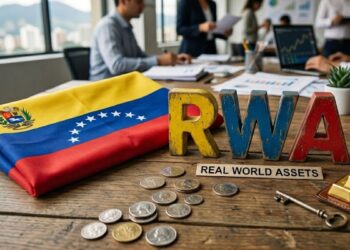 Bandera de Venezuela junto a la palabra RWA, con dinero alrededor.
