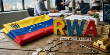Bandera de Venezuela junto a la palabra RWA, con dinero alrededor.