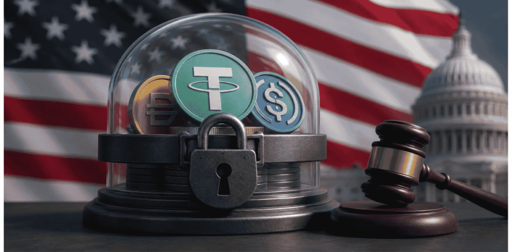 Bandera de Estados Unidos y stablecoins contenidas, reguladas.