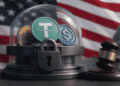 Bandera de Estados Unidos y stablecoins contenidas, reguladas.