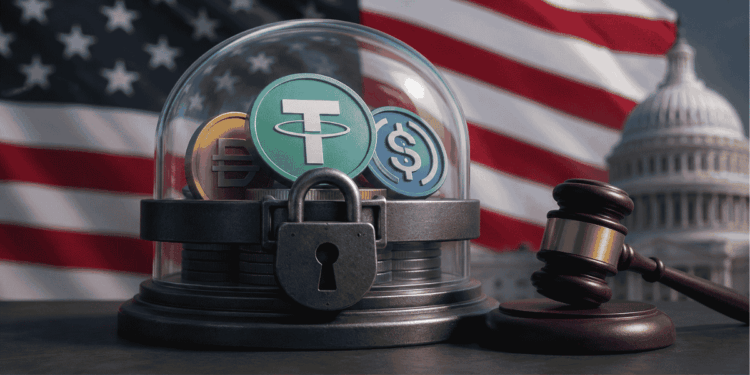 Bandera de Estados Unidos y stablecoins contenidas, reguladas.