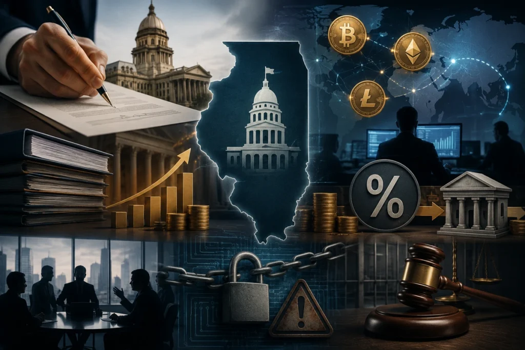 Ilustración sobre la aprobación de un impuesto estatal a los activos digitales en Illinois, con símbolos de regulación, fiscalidad y mercados financieros.