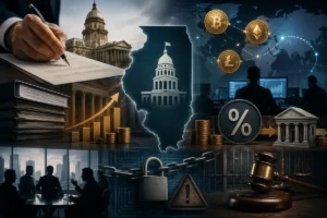 Ilustración sobre la aprobación de un impuesto estatal a los activos digitales en Illinois, con símbolos de regulación, fiscalidad y mercados financieros.