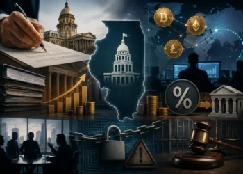 Ilustración sobre la aprobación de un impuesto estatal a los activos digitales en Illinois, con símbolos de regulación, fiscalidad y mercados financieros.
