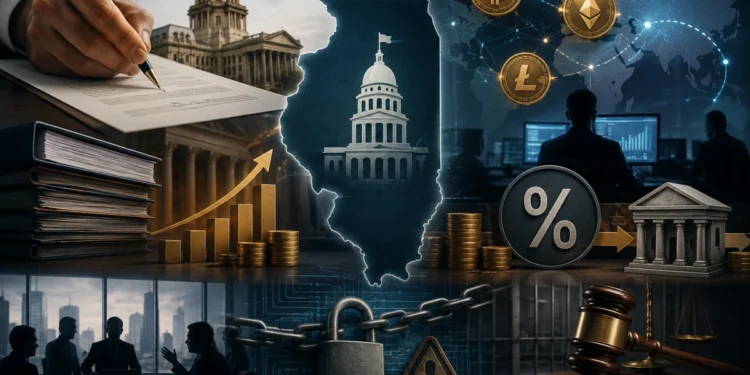 Ilustración sobre la aprobación de un impuesto estatal a los activos digitales en Illinois, con símbolos de regulación, fiscalidad y mercados financieros.