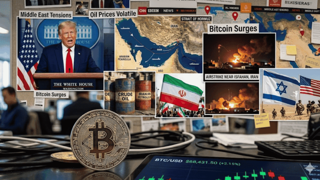 En primer plano: moneda de bitcoin. En el fondo: collage de imágenes que ilustran la tensión geopolítica actual.