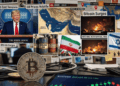 En primer plano: moneda de bitcoin. En el fondo: collage de imágenes que ilustran la tensión geopolítica actual.