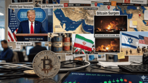En primer plano: moneda de bitcoin. En el fondo: collage de imágenes que ilustran la tensión geopolítica actual.