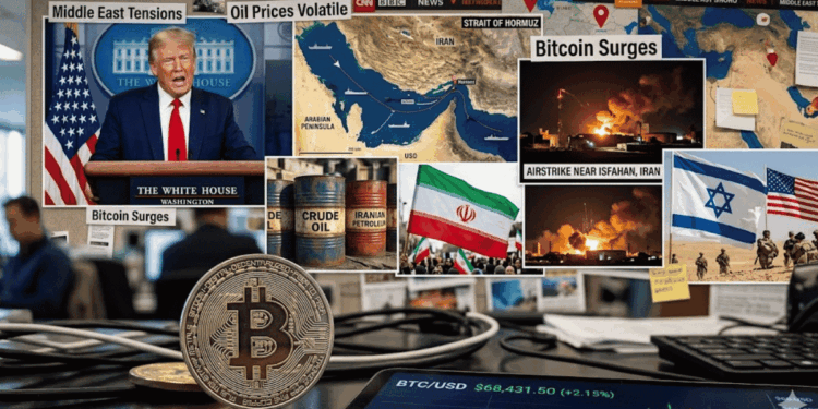 En primer plano: moneda de bitcoin. En el fondo: collage de imágenes que ilustran la tensión geopolítica actual.