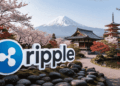Logo de Ripple USD en primer plano. En el fondo, un paisaje típicamente japonés.