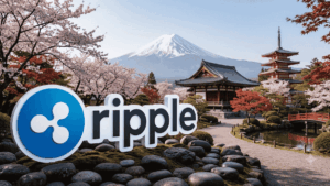 Logo de Ripple USD en primer plano. En el fondo, un paisaje típicamente japonés.