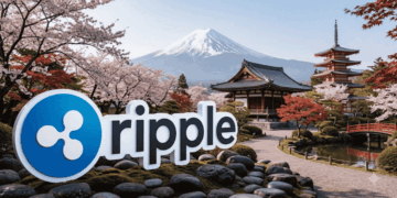 Logo de Ripple USD en primer plano. En el fondo, un paisaje típicamente japonés.