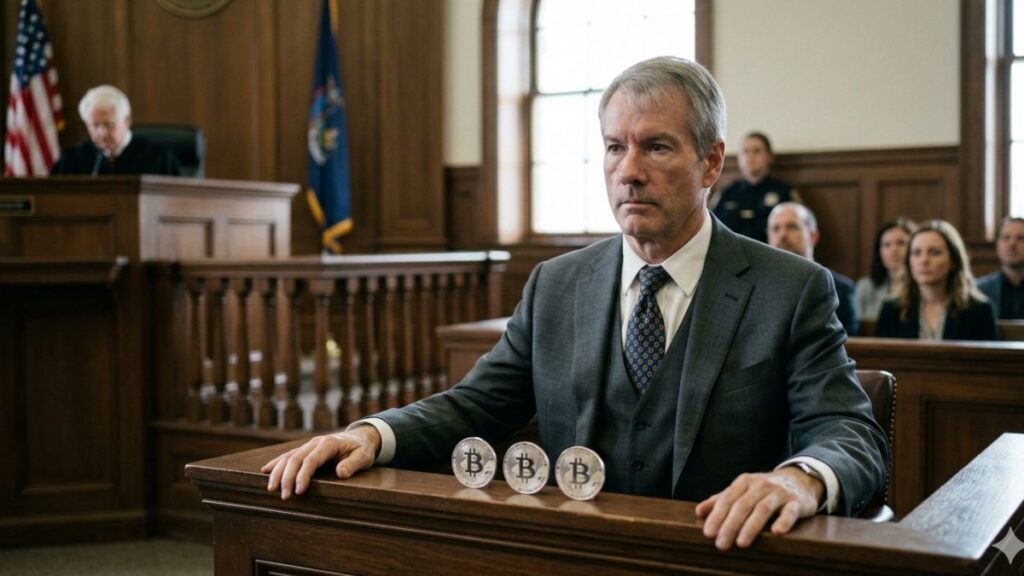 Michael Saylor con traje gris en el banquillo de un juzgado, con tres monedas físicas de bitcoin sobre el estrado de madera.