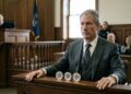 Michael Saylor con traje gris en el banquillo de un juzgado, con tres monedas físicas de bitcoin sobre el estrado de madera.