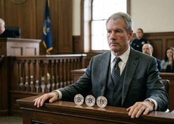 Michael Saylor con traje gris en el banquillo de un juzgado, con tres monedas físicas de bitcoin sobre el estrado de madera.