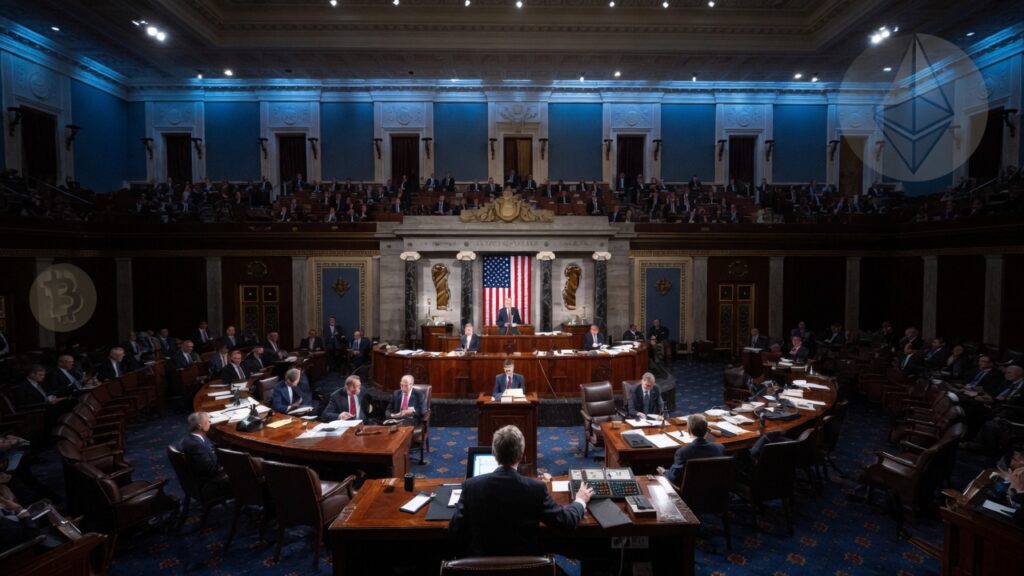 Imagen realista horizontal estilo fotografía periodística. En el interior del Senado de Estados Unidos, con la cámara del Senado visible, senadores sentados en sus escritorios de madera oscura mientras votan. En primer plano, una mano presionando un botón de votación electrónica.