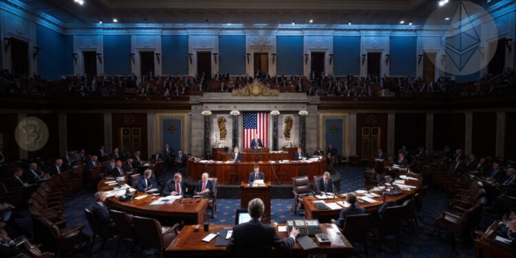 Imagen realista horizontal estilo fotografía periodística. En el interior del Senado de Estados Unidos, con la cámara del Senado visible, senadores sentados en sus escritorios de madera oscura mientras votan. En primer plano, una mano presionando un botón de votación electrónica.