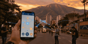 Fotografía en primer plano de una mano sosteniendo un teléfono móvil en una calle de Caracas, con la silueta de la montaña El Ávila al fondo durante el atardecer. La pantalla del dispositivo muestra un mapa digital con nodos interconectados. De forma sutil, líneas de luz translúcidas de color azul y naranja emergen del teléfono y se enlazan con otros dispositivos móviles distantes en la calle, simulando una red inalámbrica descentralizada.