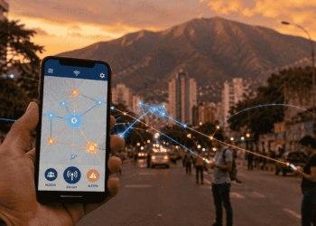Fotografía en primer plano de una mano sosteniendo un teléfono móvil en una calle de Caracas, con la silueta de la montaña El Ávila al fondo durante el atardecer. La pantalla del dispositivo muestra un mapa digital con nodos interconectados. De forma sutil, líneas de luz translúcidas de color azul y naranja emergen del teléfono y se enlazan con otros dispositivos móviles distantes en la calle, simulando una red inalámbrica descentralizada.