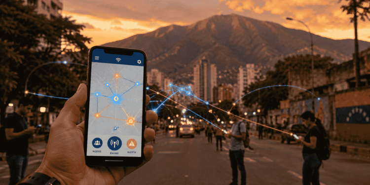 Fotografía en primer plano de una mano sosteniendo un teléfono móvil en una calle de Caracas, con la silueta de la montaña El Ávila al fondo durante el atardecer. La pantalla del dispositivo muestra un mapa digital con nodos interconectados. De forma sutil, líneas de luz translúcidas de color azul y naranja emergen del teléfono y se enlazan con otros dispositivos móviles distantes en la calle, simulando una red inalámbrica descentralizada.
