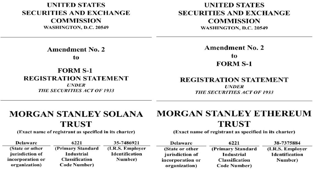 Formularios S-1 de Morgan Stanley para sus ETF de Ethereum y Solana.