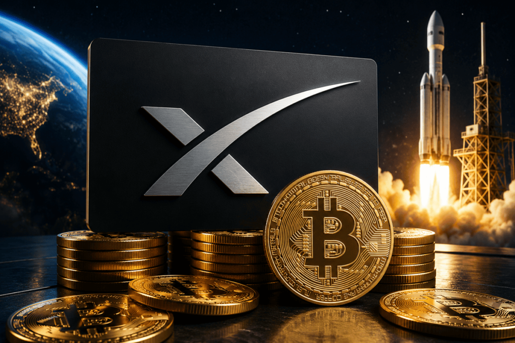 Logo de SpaceX con monedas de bitcoin y en el fondo una nave espacial.
