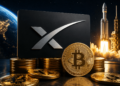 Logo de SpaceX con monedas de bitcoin y en el fondo una nave espacial.