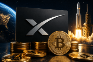 Logo de SpaceX con monedas de bitcoin y en el fondo una nave espacial.