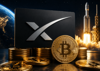 Logo de SpaceX con monedas de bitcoin y en el fondo una nave espacial.