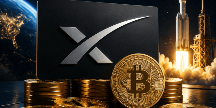 Logo de SpaceX con monedas de bitcoin y en el fondo una nave espacial.