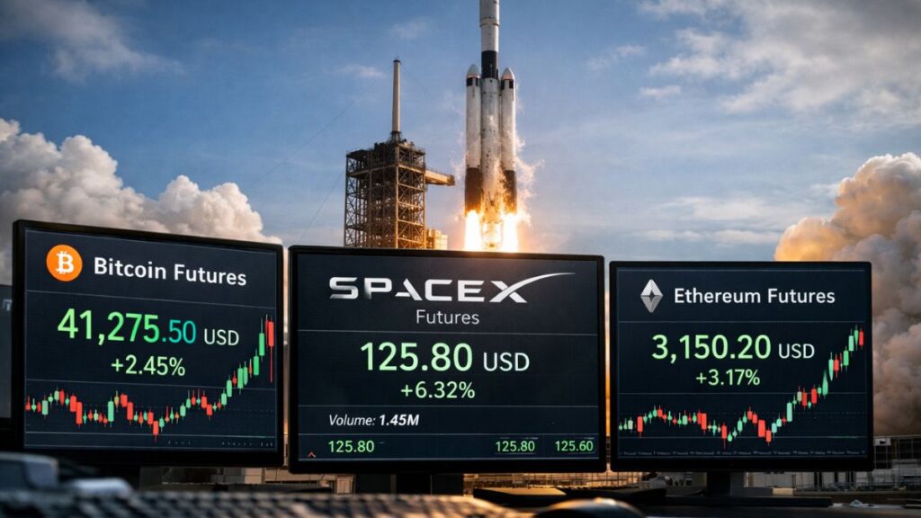 Pantallas de trading muestran futuros de SpaceX junto a bitcoin y Ethereum, con un cohete despegando al fondo.