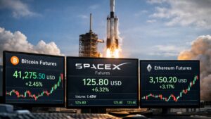 Pantallas de trading muestran futuros de SpaceX junto a bitcoin y Ethereum, con un cohete despegando al fondo.